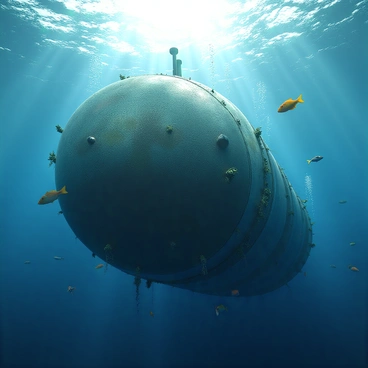An underwater view showcasing the hull of a tank barge, which is large and metallic with a rough texture. The hull is partially covered with barnacles and seaweed. Surrounding the barge, several fish of various species are swimming, including small colorful reef fish and a few larger, sleek fish. Sunlight filters down through the water, creating shimmering patterns on the hull and illuminating the scene. Bubbles rise gently from the fish as they move through the water.
