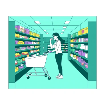 A teal supermarket aisle is filled with neatly arranged products on both sides, showcasing colorful packaging and labels. Shelves are stocked with various items, including boxes of cereal, canned goods, and bottled beverages. In the center of the aisle, there is a shopper pushing a white shopping cart. The shopper is wearing casual clothing and is examining a product with a thoughtful expression. The lighting in the aisle is bright, illuminating the vibrant colors of the products.