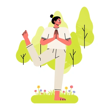 A person in a yoga pose with one foot raised and hands together in front of their chest. The individual is wearing comfortable, light-colored clothes. Surrounding the person are green trees with sunlight filtering through the leaves. There is a soft grassy area beneath them with scattered wildflowers in vibrant colors. A gentle breeze is indicated by the slight movement of the individual's hair and clothes.