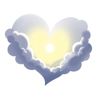 A heart shape formed by soft, billowing clouds. The clouds are fluffy and rounded, creating a distinct heart outline. The sky is filled with a gradient of colors transitioning from deep shades of yellow to lighter tones, reflecting the light of the setting sun. The overall scene captures a sense of harmony, with the clouds appearing slightly illuminated by the warm glow of the sunset.