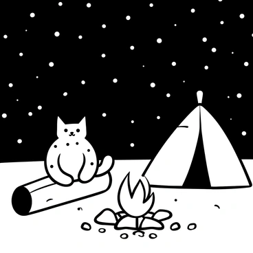 A cat with patterned fur sitting on a log next to a campfire, its warm light flickering. Above, a sky filled with numerous stars twinkles brightly. A tent is pitched nearby, its fabric taut and structured against the night. The ground is scattered with small stones and twigs around the campfire, creating a natural camping atmosphere. The campfire's smoke gently rises into the air, blending with the night sky.