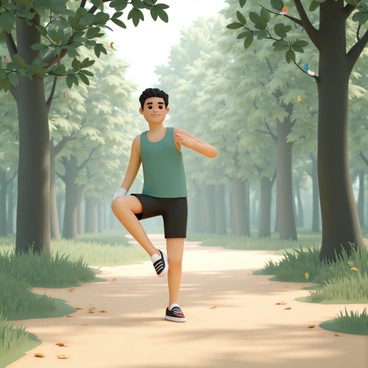 A person, wearing a green tank top and black shorts, is performing calf raises on a dirt forest trail. The individual has a focused expression and is balancing on the balls of their feet. Surrounding them are tall green trees with sunlight filtering through the leaves, casting dappled shadows on the ground. In the background, small colorful birds are perched on branches, adding life to the serene forest setting. The path is lined with patches of grass and fallen leaves, enhancing the natural environment.