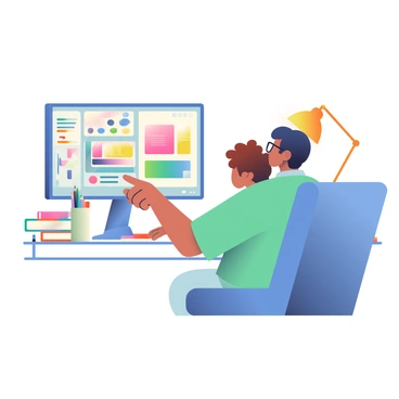 A tutor with dark hair is seated at a desk, guiding a student who has short, curly brown hair. The tutor is wearing glasses and a blue shirt, pointing towards the computer screen with one hand while the other hand is resting on the desk. The computer screen displays a colorful illustration software interface with various tools and palettes. The student is looking intently at the screen, taking notes on a notepad that is placed in front of them. A warm desk lamp is casting soft light over the workspace, and there are art supplies scattered around, including colored pencils and sketchbooks.