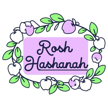 A handwritten note for Rosh Hashanah is displayed prominently in the center of the image. The note features elegant, cursive handwriting with the words "Rosh Hashanah" clearly visible. Surrounding the note is a decorative border consisting of various apples and leaves. The apples are arranged in clusters, interspersed with vibrant green leaves that curl around the edges of the note. The overall composition creates a festive and inviting appearance, suitable for the celebration.