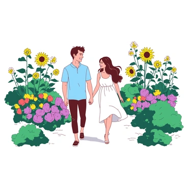 A couple is walking hand in hand through a blooming garden filled with an array of vibrant flowers. The garden features tall sunflowers, delicate daisies, and lush green shrubs that frame the pathway. The couple, a man and a woman, are dressed in light summer clothing. The man has short brown hair and is wearing a light blue shirt, while the woman has long wavy hair and is donning a flowing white dress that moves gently with the breeze. The sun is shining brightly, casting soft shadows on the ground, enhancing the colors of the flowers around them. The couple shares a joyful smile as they stroll through the garden, surrounded by the beauty of nature.