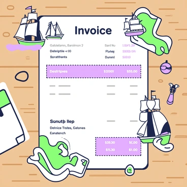 An invoice is placed on a wooden desk, featuring detailed illustrations of ships and ocean waves around the edges. The central content of the invoice is clearly readable, with a heading that says "Invoice" in bold letters. Below the heading, there are itemized entries with descriptions, quantities, and prices neatly arranged. The ships are depicted in various poses, some sailing and others anchored, while the ocean waves are illustrated with fluid lines curling and crashing against each other. The overall layout of the invoice maintains a balanced composition, integrating the illustrations harmoniously with the textual elements.