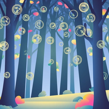 A dense forest filled with tall, slender trees stands under a twilight sky. Each tree features distinct, glowing rings that radiate a warm light in various shades of blue, green, and gold. The rings emit soft patterns, depicting intricate scenes from the past, such as animals traversing the woodland, ancient gatherings of people, and the changing seasons. The forest floor is covered with soft moss, and scattered leaves resemble a vibrant carpet of autumn hues. A gentle breeze causes the leaves to rustle, adding a sense of movement to the serene atmosphere. The soft glow of the tree rings illuminates the surroundings, casting whimsical shadows on the ground.