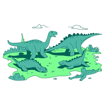 A teal group of young dinosaurs is playing in a vibrant grassy field. One dinosaur, with small spikes along its back, is chasing another that has a long tail and bright eyes, both running joyfully. Nearby, a third dinosaur is playfully rolling on the ground, its feet waving in the air. In the background, there are patches of colorful flowers scattered across the field, adding to the lively scene. The sun is shining down, casting soft shadows on the grassy terrain.