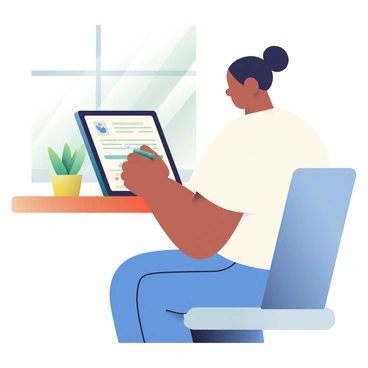 A person with light brown skin is sitting at a wooden table, focused on filling out an online registration form on a tablet. They are holding a stylus in their right hand, poised above the tablet screen. The tablet is black with a prominent display showing fields for input. The person is wearing a white t-shirt and blue jeans, with their hair pulled back in a neat bun. Sunlight filters through a nearby window, casting soft shadows on the table, and there is a green plant in a pot next to the tablet, adding a touch of nature to the scene.