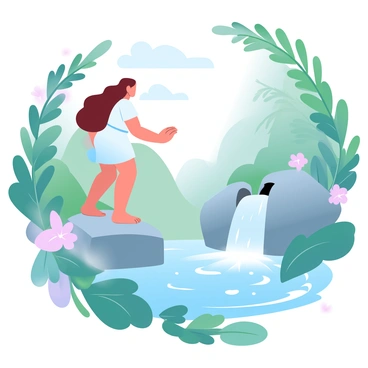 A girl with long, flowing hair is standing on a rocky outcrop, looking curiously at a hidden waterfall cascading down into a clear pool below. She is wearing a light summer dress that flutters gently in the breeze. The lush greenery surrounds her, with vibrant leaves and colorful flowers framing the scene. Sunlight filters through the canopy, casting soft patterns on the ground. Mist rises from the water’s surface, creating a magical atmosphere. In the background, large ferns and towering trees enhance the sense of discovery and wonder in the scene.