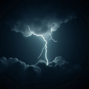 A dark night sky filled with swirling clouds. Bright, jagged bolts of lightning flash across the sky, illuminating the scene with intense white light. The lightning creates dramatic contrasts, highlighting the edges of the clouds. The atmosphere is charged with energy, and the darkness of the night is punctuated by the sudden bursts of illumination from the lightning strikes.