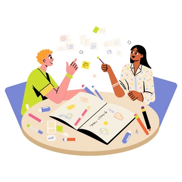 Two flat illustration artists brainstorming ideas together over a large sketchbook.