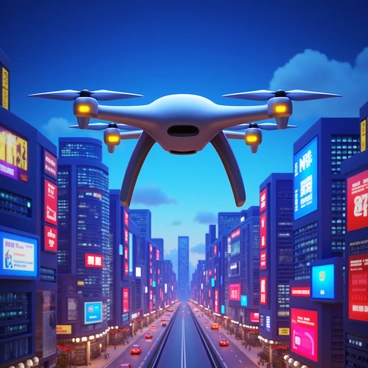A futuristic robot drone with sleek metallic surfaces and blinking lights is hovering above a bustling cityscape. The drone features propellers that are silently spinning, providing stability as it navigates the air. Below, a vibrant cityscape is filled with towering skyscrapers adorned with bright neon signs and digital billboards. The streets are bustling with people and vehicles, showcasing an array of colors and movement. The sky is a deep twilight blue, with a few scattered clouds, adding depth to the scene.