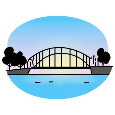 An evening scene showcasing "Story Bridge" with its lights glowing against the twilight sky. The bridge spans across the "Brisbane River," which is calm and smooth, creating a clear reflection of the illuminated bridge on its surface. Surrounding the scene are trees and buildings, subtly outlined in dim light, contributing to the tranquil atmosphere while emphasizing the grandeur of the bridge.