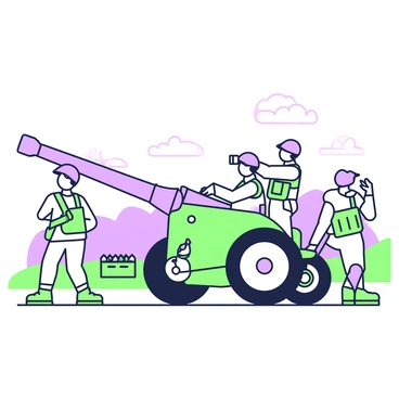 A team of five soldiers is operating a large artillery cannon in an open field. The cannon is positioned on a sturdy carriage, with large wheels and a metallic barrel aimed towards the sky. Each soldier is wearing tactical uniforms with gear, including helmets and body armor. One soldier is standing behind the cannon, looking through binoculars, while another is adjusting a dial on the side of the barrel. Two more soldiers are loading ammunition, carefully lifting heavy shells from a nearby crate. In the background, a few small hills rise gently against the horizon, and there is a clear view of the sky above.