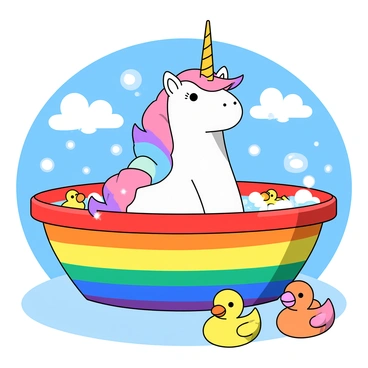 A magical unicorn taking a bath in a rainbow-colored tub