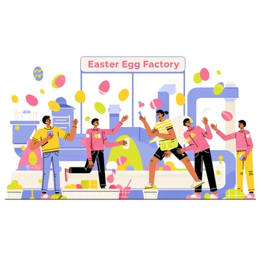 A chaotic Easter egg factory filled with vibrant colors and activity. Various decorated eggs in bright hues of pink, yellow, and blue are flying through the air, creating a dynamic scene. Numerous workers dressed in colorful outfits, including striped shirts and polka-dotted pants, are scrambling around. Some workers are catching eggs mid-air, while others are busy painting or packing eggs into baskets. The factory has large machinery in the background with conveyor belts and tools scattered about, enhancing the sense of busy chaos. "Easter Egg Factory" is prominently displayed on a sign above the bustling scene.