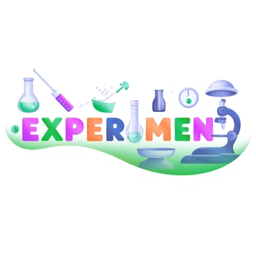 The word "Experiment" is creatively crafted using various illustrations of lab equipment. Each letter is formed from different items: the letter "E" is created from a test tube and a beaker, the letter "x" is represented by two crossed pipettes, and the letter "p" is shaped like a microscope. The letter "e" is illustrated with an Erlenmeyer flask, while the letter "r" features a Bunsen burner. The letter "i" is depicted as a stirring rod standing upright, the letter "m" is formed with a set of scales, and the letter "e" is again created using a test tube. The letter "n" is represented by a centrifuge, and finally, the letter "t" is shaped like a lab hat. All the equipment is in a modern pastel color palette, adding a vibrant touch to the composition.