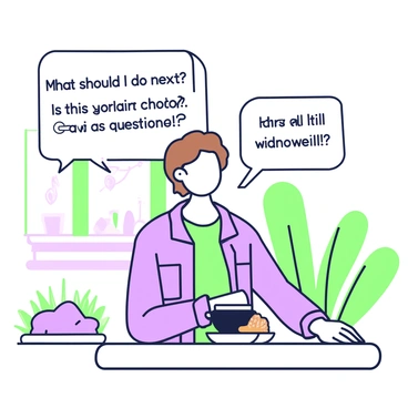 A person is sitting at a small table in a cafe. They have brown hair styled casually and are wearing a denim jacket over a light shirt. In front of them is a cup of coffee and a small plate with a pastry. Above their head, there is a thought bubble filled with "questions" such as "What should I do next?", "Is this the right choice?", and "How will this impact my future?". The cafe has a cozy atmosphere, with wooden furniture and a few plants visible in the background.
