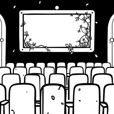 An empty movie theater featuring rows of tattered seats in various states of disrepair. The seats are worn and some are ripped, highlighting their age. In front of the seats, there is a large screen partially obscured by overgrown plants, with vines and leaves creeping across its surface. Dim light filters through the dusty air, casting shadows throughout the theater. The walls are marked with peeling paint, and scattered debris can be seen on the floor, adding to the abandoned atmosphere.