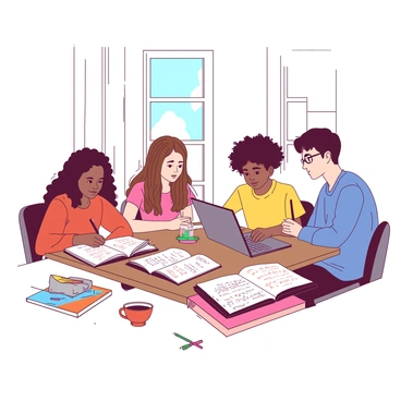 A group of five students is sitting around a wooden table in a bright room, engaged in a study session. One student, a girl with long brown hair, is pointing at a notebook filled with math equations while explaining a concept to a boy with curly black hair. Another girl, wearing glasses, is taking notes on a laptop, while a boy with blonde hair is holding a pencil, looking thoughtful. On the table, there are various textbooks scattered alongside colorful highlighters and a couple of empty coffee cups. A large window behind them lets in natural light, illuminating the scene.