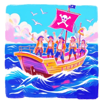 A group of jubilant pirates stands on the deck of a wooden ship. They are wearing various types of weathered clothing, including vests, bandanas, and boots. Some pirates have swords drawn, while others are laughing and cheering. In the center, one pirate is proudly raising a large "Jolly Roger" flag atop the ship's mast. The ship is sailing on a vibrant blue sea, with waves splashing against the hull. The sky above is dotted with fluffy white clouds, and seagulls can be seen flying in the distance.