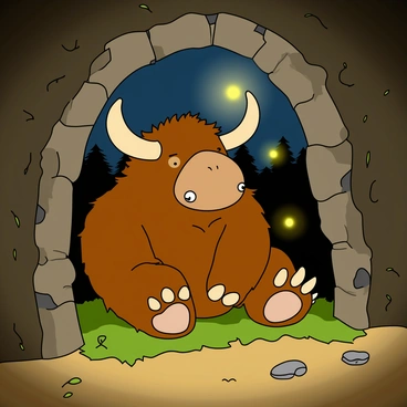 A large, friendly-looking Gruffalo with brown fur, big tusks, and sharp claws is taking shelter inside a cozy cave. The cave walls are textured and rocky, adding to the atmosphere. Soft, warm light fills the cave from several glowing fireflies that are flitting around, illuminating the space with a gentle glow. The Gruffalo is sitting comfortably on a patch of moss and peeking out from the cave entrance, where the moonlight can be seen filtering through the trees outside. A few small stones are scattered around on the cave floor, and a couple of leaves are gently floating in the air. The overall scene conveys a sense of warmth and safety.