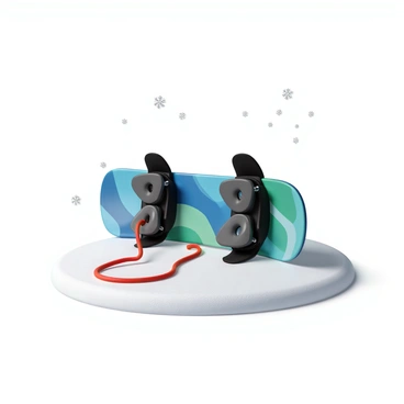 A snowboard placed on a snowy surface, with a vibrant design featuring abstract patterns in shades of blue and green. The board is angled slightly to show its underside and the bindings attached, which are black and gray. Attached to the snowboard is a visible safety brake leash, which is a bright red color, clearly contrasting with the white snow. The snow around the board is freshly fallen and has a smooth texture, with a few scattered snowflakes gently falling in the background.