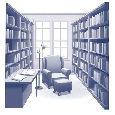 A library interior with tall shelves lined with old books, each spine displaying intricate titles and worn textures. In the center, there is a cozy reading nook featuring a plush armchair surrounded by a small round table. A floor lamp stands beside the chair, providing soft illumination for reading. The room is filled with the gentle light filtering through large windows, highlighting the dust particles in the air. A large wooden desk is visible, covered with scattered papers and an open book, suggesting recent use. The ambiance conveys a sense of calm and focus, inviting visitors to immerse themselves in the world of literature.