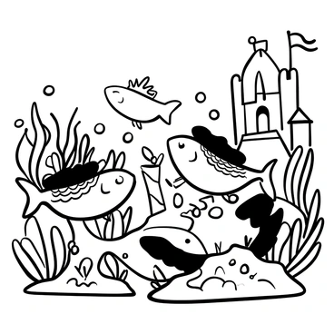 A group of herring depicted as characters in a fairy tale setting, swimming through a lush underwater garden filled with large, intricately designed seaweed and coral formations. One herring is wearing a tiny crown made from seashells, while another is holding a small, shimmering treasure chest. Bubbles are rising around them, and a gentle flow of water creates a magical ambiance. In the background, a castle made from coral structures is visible, with flags made of kelp fluttering.