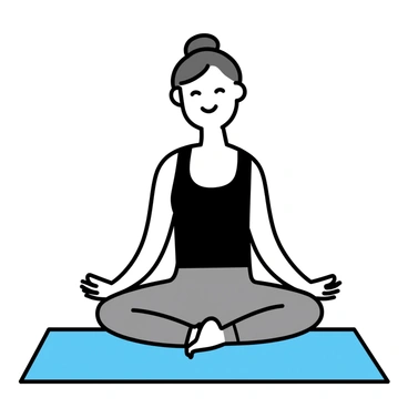 A person sitting on a light blue mat, positioned in a pilates pose with legs crossed and hands resting on their knees. The person has a peaceful expression on their face, featuring closed eyes and a slight smile. They are wearing a fitted black tank top and comfortable gray leggings. The background is minimalistic, emphasizing the tranquility of the individual’s pose.