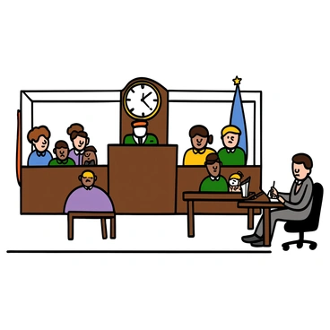 A clipart diagram of a courtroom layout. The diagram features a spacious courtroom with a prominent "judge's bench" raised at the front center, where a judge is seated. To the left, there is a "jury box" filled with six seated jurors, each with distinct hairstyles and expressions. In front of the judge's bench, there is a "witness stand" on the right side, occupied by a witness with a nervous posture. The "defendant's table" is positioned near the front left with a solitary figure sitting, and the "prosecution table" is located on the opposite side with a prosecutor reviewing notes. The walls are adorned with "courtroom decor" such as flags and a large clock above the judge's bench.