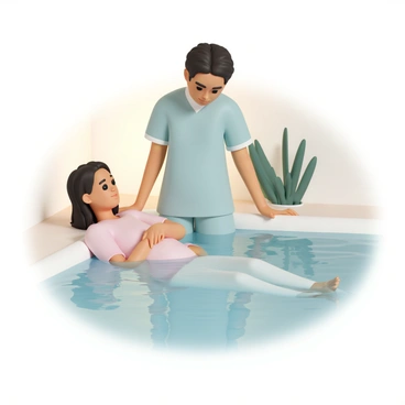 A midwife, wearing a light blue scrub top and comfortable pants, is gently guiding a woman in labor who is submerged in a clear water birthing pool. The midwife has her hands on the woman's shoulders, providing support and reassurance. The pool is surrounded by soft, natural lighting, highlighting the calm atmosphere. The woman, with long dark hair, is leaning back against the side of the pool, her expression focused yet relaxed. The water has gentle ripples, reflecting the warm tones of the room, while a few plants can be seen in the background, enhancing the tranquil environment.
