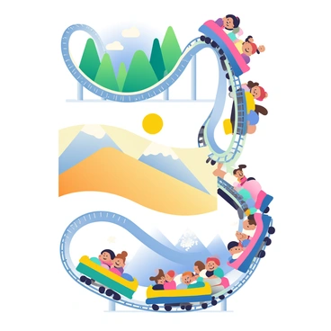 A roller coaster with vibrant, multicolored cars twists and loops through three distinct landscapes. The first landscape features a lush green forest with tall trees and a bright blue sky. The second landscape is a desert with golden sand dunes and a blazing sun overhead. The third landscape is a snowy mountain scene with white peaks and snowflakes gently falling. The roller coaster tracks connect these diverse environments, creating a dynamic and thrilling visual experience. The cars are filled with excited riders, their expressions of joy and exhilaration clearly visible.