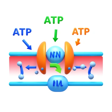 A colorful representation of "ATP" molecules being utilized in the "sodium-potassium pump process." The image features several "ATP" symbols in bright colors, illustrating the energy transfer. There are "sodium" ions depicted in blue and "potassium" ions in orange, showing their movement through a 3D membrane. A detailed depiction of the pump mechanism is present, showcasing the transport of "sodium" out of the cell and "potassium" into the cell, highlighting the energetic exchange facilitated by "ATP."