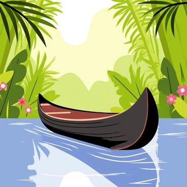 A traditional wooden canoe gliding smoothly through a river surrounded by a lush jungle. The canoe is crafted from dark, polished wood with visible grain patterns and a curved shape. The water reflects the vibrant greenery of the jungle, with tall trees having broad leaves extending over the riverbanks. Brightly colored flowers peek through the foliage, and small animals can be seen in the thickets. Sunlight filters through the leaves, casting dappled light on the water's surface as the canoe moves gently downstream.
