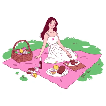 A pink picnic blanket is spread out on the lush green grass of a park. "Juliet" sits gracefully on the blanket, dressed in a flowing white dress adorned with floral patterns. Beside her, there is a woven picnic basket overflowing with an assortment of "delicious treats," including colorful fruits, pastries, and sandwiches arranged neatly. Scattered around her are a few vibrant flowers and a small bottle of sparkling beverage. The sun casts a warm glow, enhancing the joyful atmosphere of the scene.