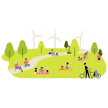 A small city park featuring green grass and a variety of trees. In the background, there are several tall modern wind turbines generating energy. Families are enjoying their time nearby, with adults sitting on benches and children playing on the grass. Some families are having picnics on colorful blankets, while others are riding bicycles along the paved paths. The scene conveys a sense of community and leisure in an environmentally friendly setting.
