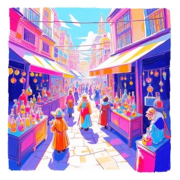 A bustling marketplace filled with vendors selling "magical potions" displayed in vibrant glass bottles of various shapes and sizes, some glowing softly. Each stall features "enchanted artifacts," such as colorful spellbooks, shimmering crystals, and intricate talismans. The marketplace is crowded with diverse characters, including a "tall wizard" with a flowing robe inspecting a potion, a "young elf" bartering for a charm, and a "dwarf" carrying a heavy bag filled with goods. Colorful banners flutter in the breeze above the stalls, adding to the lively atmosphere. Sunlight filters through the awnings, creating a warm glow over the scene.