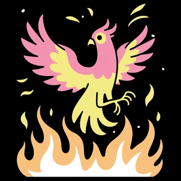 A phoenix with vibrant red and gold feathers is rising from bright orange flames. The flames are swirling around the bird, creating a dynamic and fiery backdrop. The night sky is dark, providing contrast to the phoenix's glowing feathers. The bird's wings are spread wide, showcasing the intricate details of its plumage. The phoenix's eyes are fierce and determined, capturing the essence of rebirth and strength.
