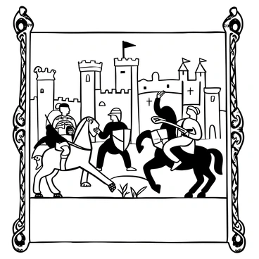 An illustration featuring multiple medieval knights in full armor, engaged in various activities such as jousting and standing guard. Each knight is depicted with intricate armor details and shields bearing unique emblems. In the background, several towering castles with battlements and flags, showcasing a mix of architectural styles, are visible. The margins of the ancient manuscript are adorned with delicate scrollwork and ornamental patterns, enhancing the historical theme of the scene.