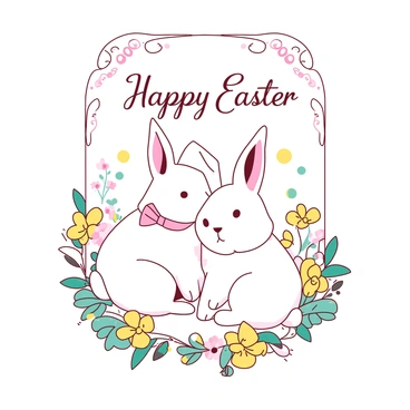 A vintage-style Easter greeting card features intricate floral patterns framing the edges. In the center, there are two white bunnies sitting together, one with a small pink bow around its neck. The background is adorned with delicate yellow and teal flowers, providing a soft, nostalgic feel. Above the bunnies, there are the words "Happy Easter" written in elegant cursive font, surrounded by playful pastel elements.