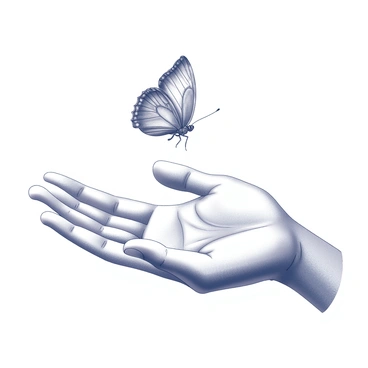 A close-up of a person's open palm gently cradling a butterfly. The butterfly's wings are spread wide as it prepares to take flight, showcasing intricate patterns and textures on its wings. The person's fingers are slightly curled, creating a delicate balance as the butterfly lifts off. The background is softly blurred to emphasize the connection between the hand and the butterfly, capturing a moment of transformation and release.