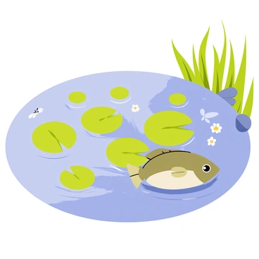 A bass fish with a greenish-brown body is hiding beneath round, green lily pads on the surface of a tranquil pond. The pond has clear blue water with soft ripples reflecting the sunlight. Several lily pads, some with delicate white flowers, are scattered across the pond. Small insects are skimming the water's surface, and a few dragonflies hover nearby, adding to the peaceful atmosphere. The surrounding area includes lush green reeds and small rocks along the pond's edge.