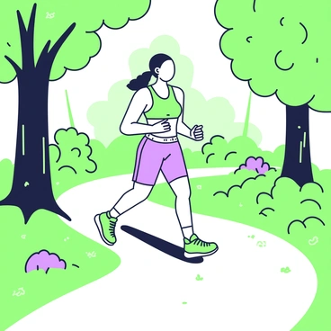 A person is jogging along a trail that winds through a forest filled with greenery. The jogger is wearing a fitted athletic shirt and shorts, with running shoes designed for comfort. On the left side of the trail, tall trees with thick trunks and dense leaves create a natural border. To the right, there are small bushes and patches of grass that add to the lush environment. The trail is slightly curved, suggesting movement ahead, and dappled sunlight filters through the leaves, casting soft shadows on the ground.