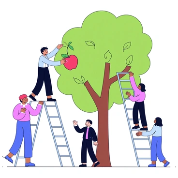 A group of people of varying heights are positioned around a tree with a single red apple hanging from a branch. Each person is using a ladder of different lengths to reach the apple. The tallest person is standing on a tall, sturdy ladder, while a shorter individual is using a small, portable ladder. Another person of medium height is on a slightly taller ladder, stretching their arm towards the apple. The tree has a thick trunk and a lush canopy, with a few green leaves surrounding the apple. Each person is focused on their task, creating a sense of teamwork in this effort to reach the fruit.