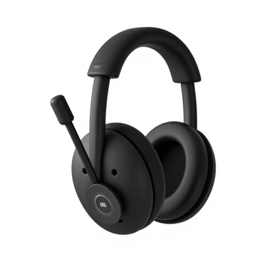 A close-up of a modern, high-tech headset designed for call center agents. The headset features sleek black ear cups with a matte finish and a flexible microphone extending from the left side. The headband is adjustable for comfort and has soft padding for extended use. The overall design is ergonomic, with a focus on functionality and durability. There are small buttons on the ear cups for volume control and a prominent brand logo displayed on one side. The cable is sturdy and includes a connection jack suitable for various devices. The background is minimal to emphasize the headset's details.