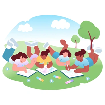 A group of children are lying on bright green grass. They have various colored notebooks open in front of them, filled with drawings. Some children are focused on sketching, holding crayons in their hands. A few crayons are scattered around them, showcasing vibrant colors. In the background, a clear blue sky is visible, with a few fluffy white clouds. Nearby, there are a couple of trees providing shade, and small flowers can be seen dotting the grass.