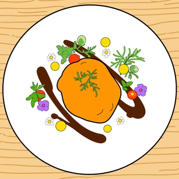 A gourmet dish placed on a white, circular plate. The main ingredient, sweet potato, is presented in a creatively shaped form, perhaps as a purée or roasted cubes, glowing in a warm orange hue. Surrounding the sweet potato are vibrant garnishes such as fresh green herbs and small, colorful edible flowers. A drizzle of rich brown sauce adds depth to the dish, artistically swirling around the plate. Small, delicate slices of radish and bright yellow cherry tomatoes add contrast, while a hint of microgreens is sprinkled on top for an elegant finish. The dish is placed on a light wood table, enhancing its visual appeal.