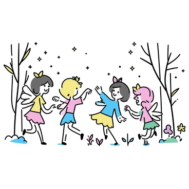 A group of small fairies with colorful wings are dancing and playing in a forest grove. Each fairy has distinct features, such as bright hair colors in shades of pink, blue, and green. They are adorned with tiny flower crowns and shimmering outfits made of leaves and petals. The grove is filled with tall, slender trees, and the ground is carpeted with soft moss and vibrant wildflowers. Sunlight filters through the leaves, casting playful shadows on the scene as the fairies twirl and flutter around each other in joyous celebration.